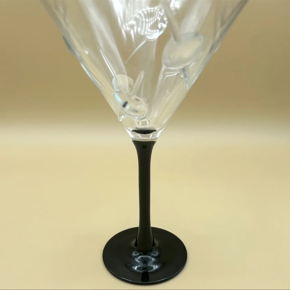 Vintage Barware Retro Raised Olive Martini Glass Set Clear Glass Black Stem